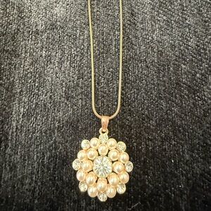 Pearl Flower Lariat Necklace | Adjustable Slider Ring | Rhinestone Accents